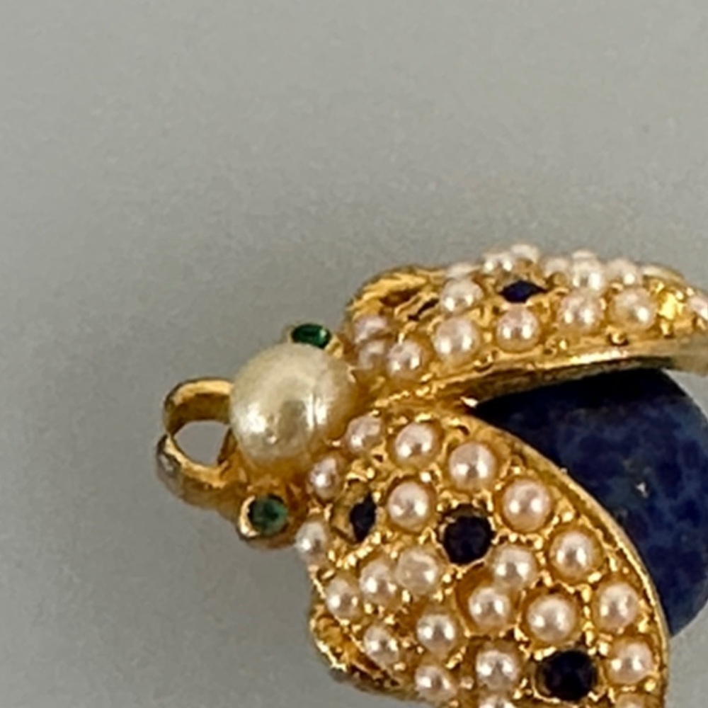 Gold-Tone Pearl & Lapis Stone Ladybug Brooch - Designer Style - Picture 4 of 5